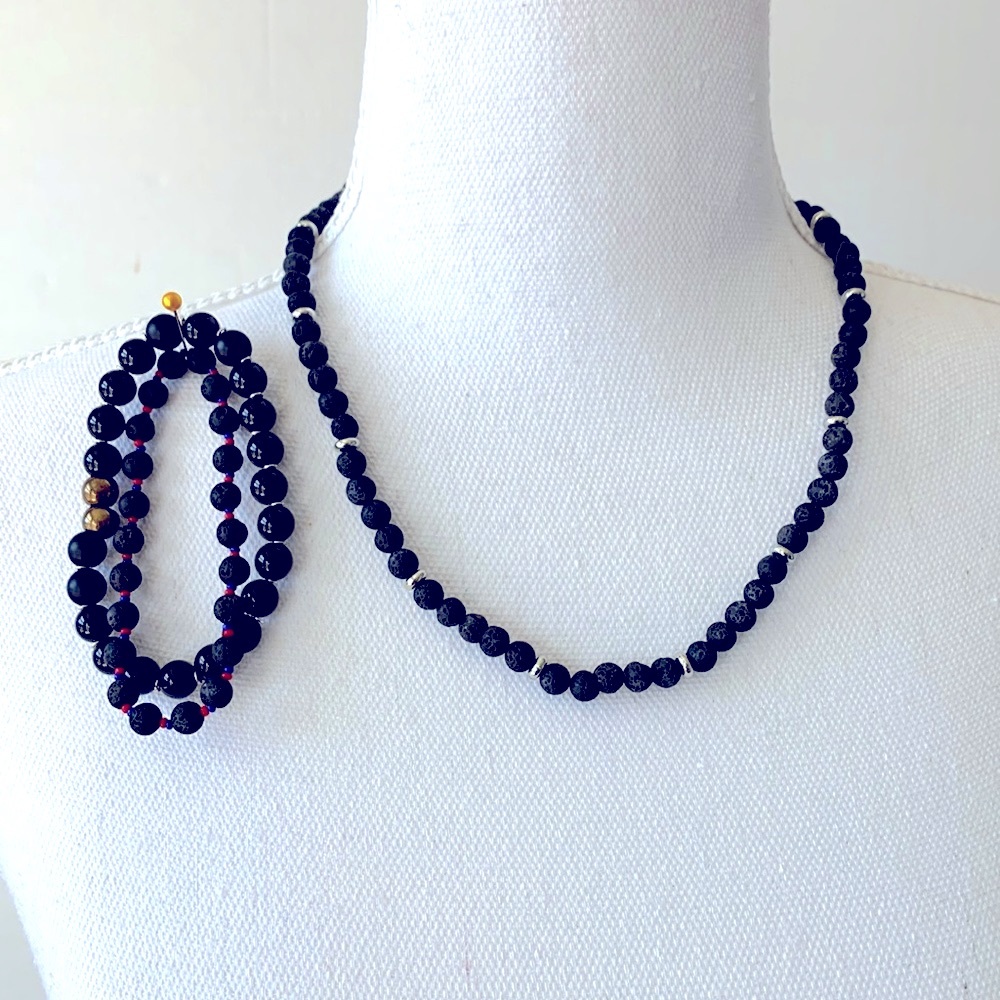 Necklace and 2 Pc Bracelet Lava Rock for Men and Women